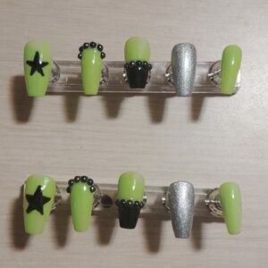 Handmade Lime Green and Silver Press Ons